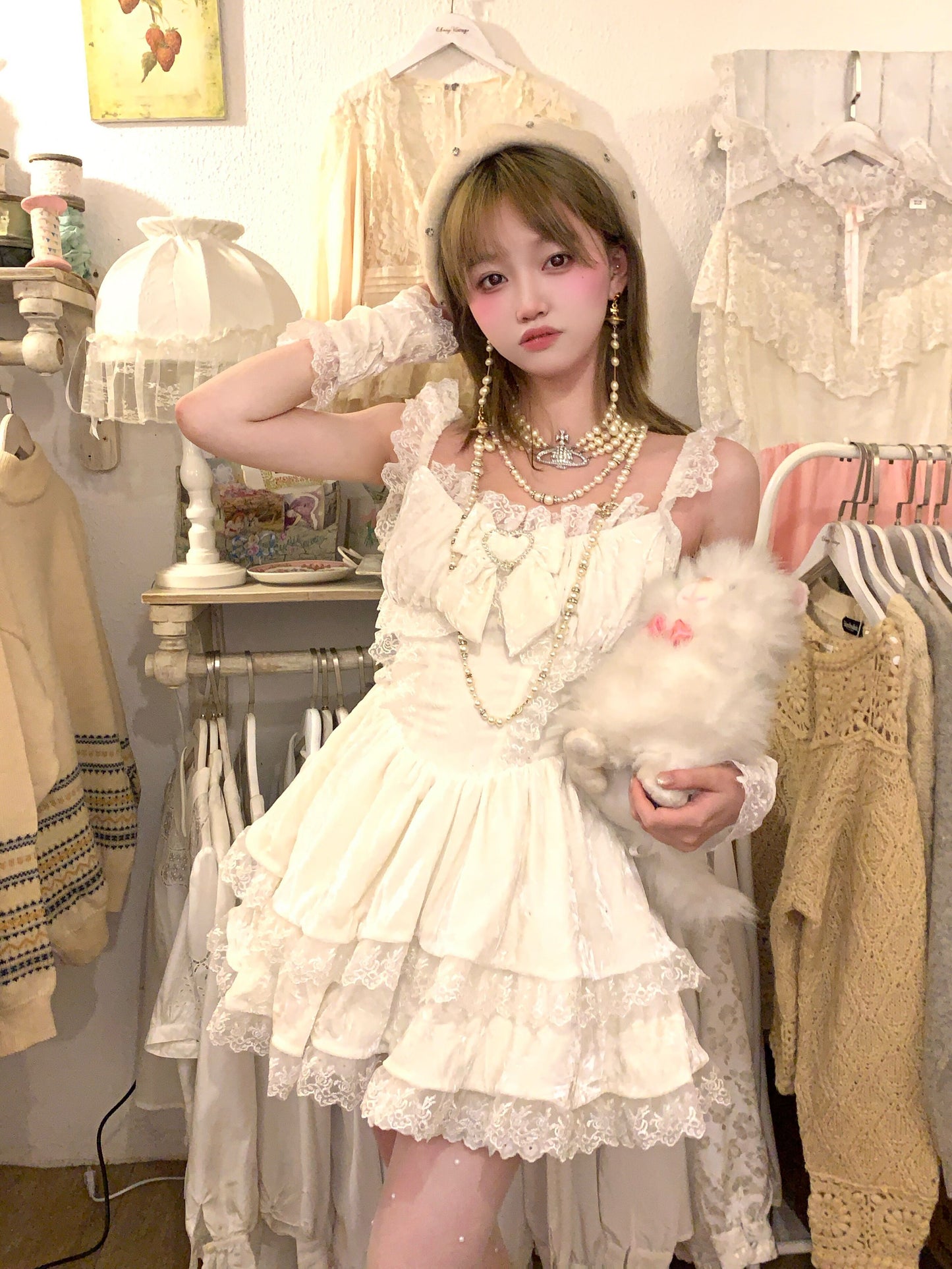 Picnic Girl Vanilla Latte Sweet Balletcore White Lace Strap Dress