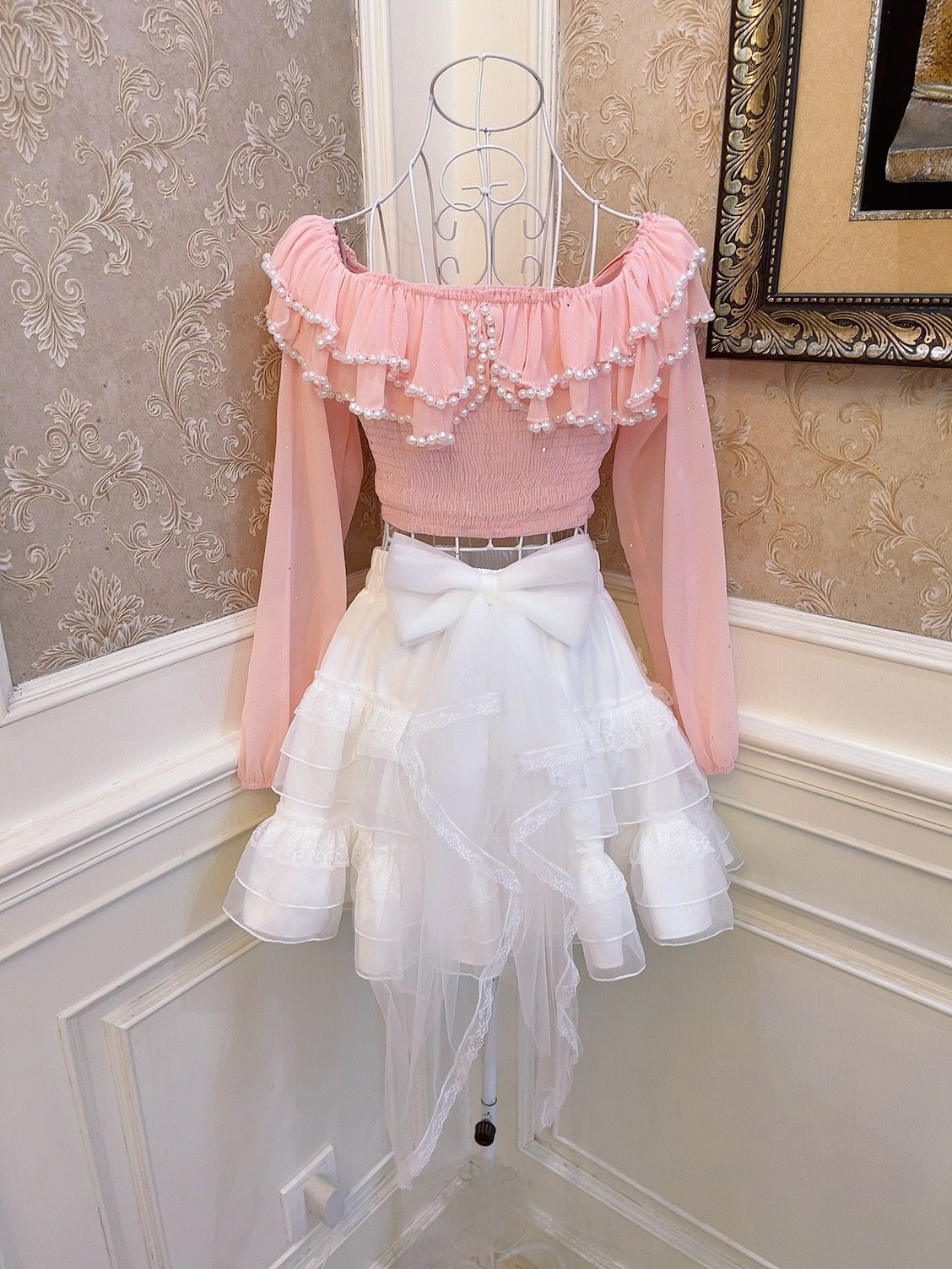 Sweetheart Princess Pink Ruffled Bow Off Shoulder Long Sleeve Shirt