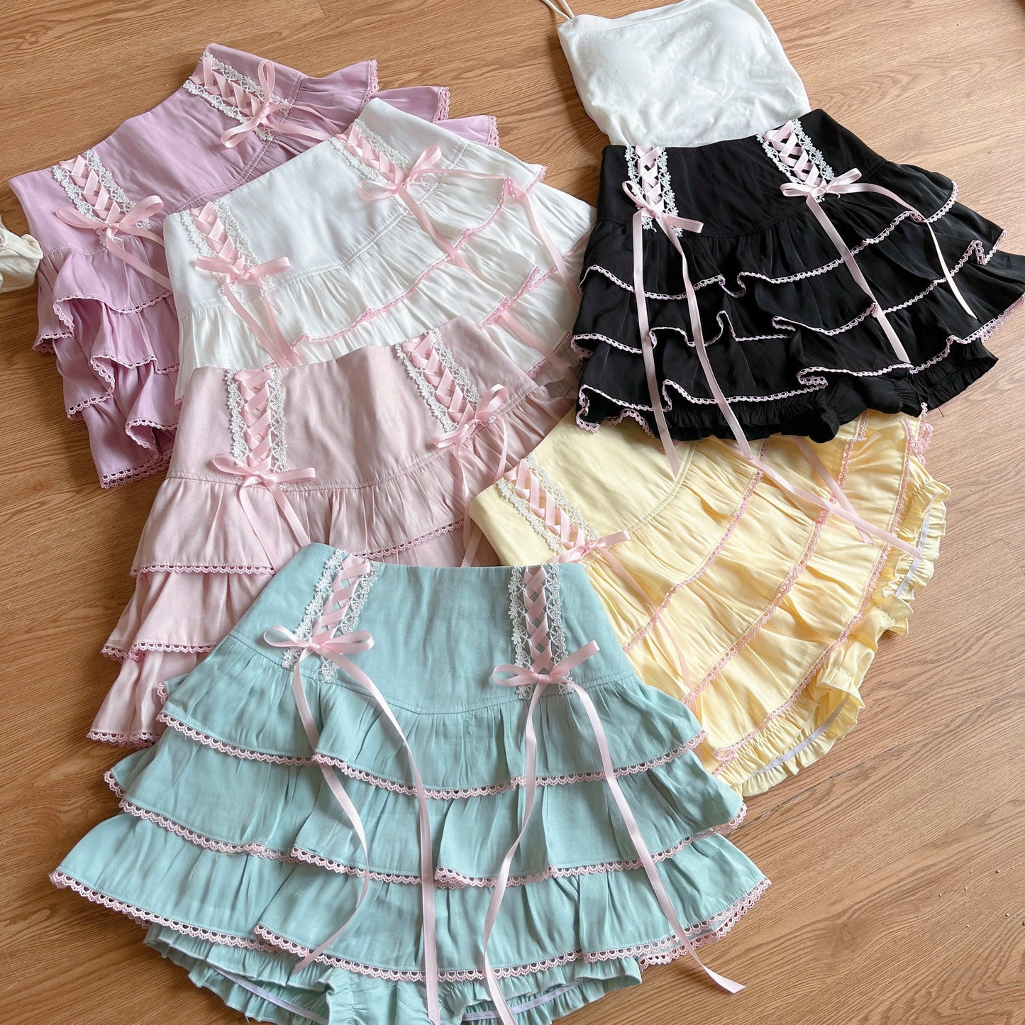 Sweet Colorful Pastel Doll Ruffled Bow Cake Layered Mini Skirt