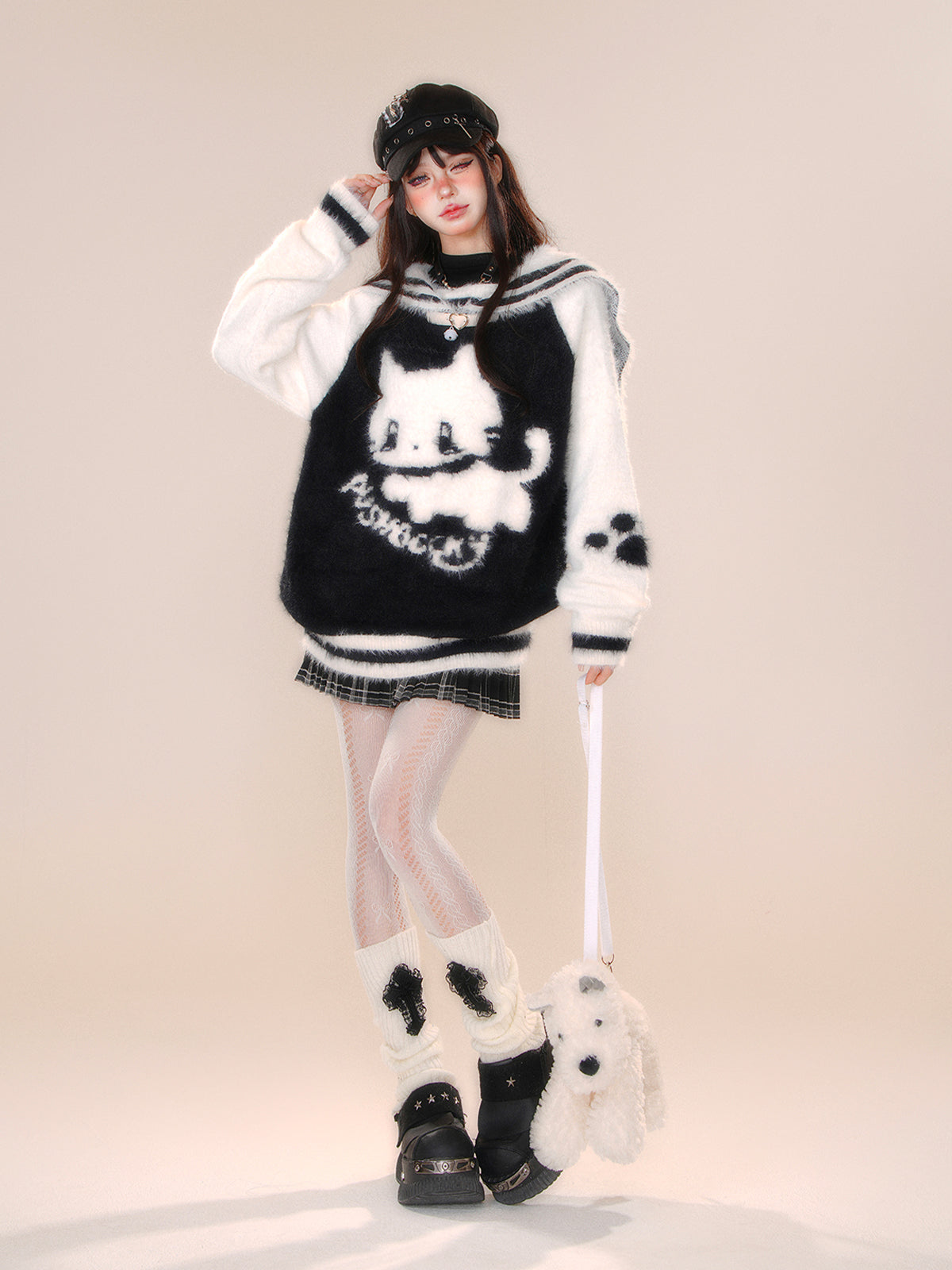 Young Eyes Lazy Cat Sailor Collar Black Brown Pink Fuzzy Sweater