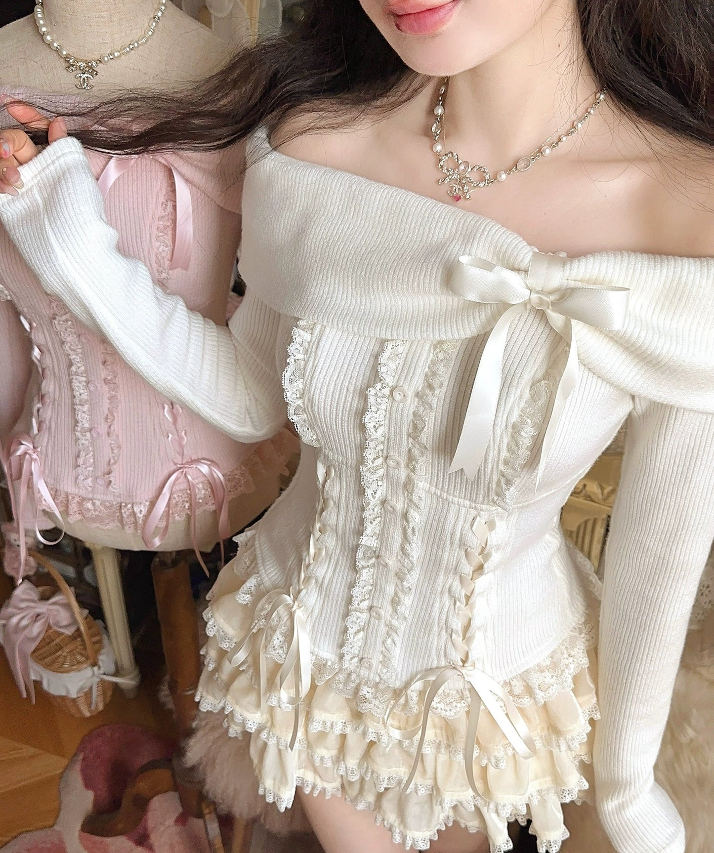 Sweet Fragrance Bonbon Pink Cream Sweater Top & Skirt Two Piece Set