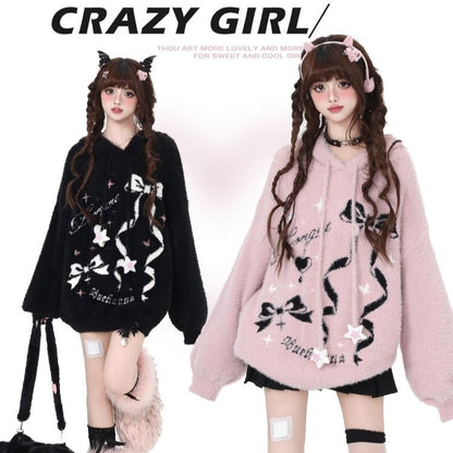 Crazy Girl Sticky Bow Black Pink Fuzzy Sweater Hoodie