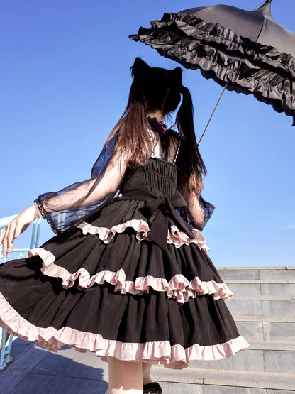 Harajuku Sweet Girl Ruffled Collar Neko Cat Ears Bow Black Pink Layered Dress