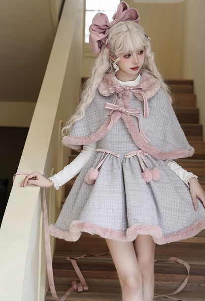 Universal Lolita Winter Blue & Pink Tweed Plush Cape Cloak Strap Dress Two Piece Set