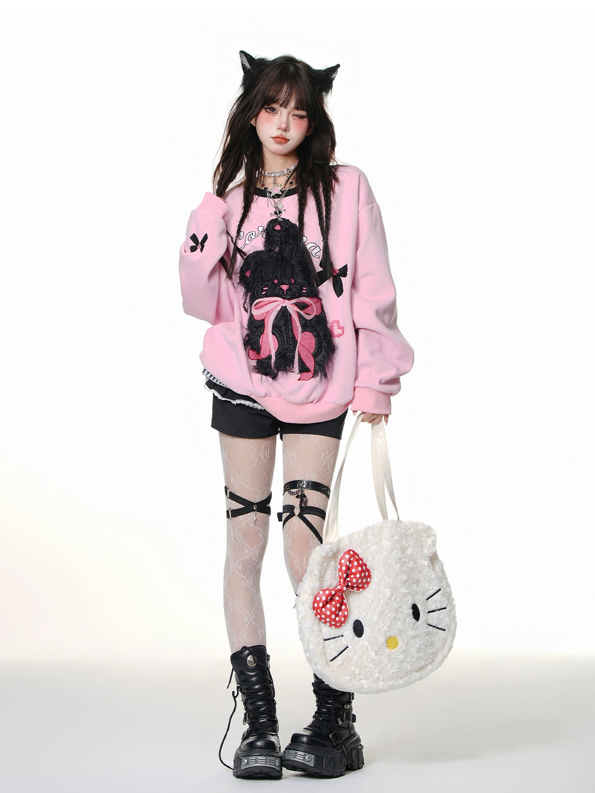 Young Eyes Cute Rabbit Black Pink White Pullover Sweater