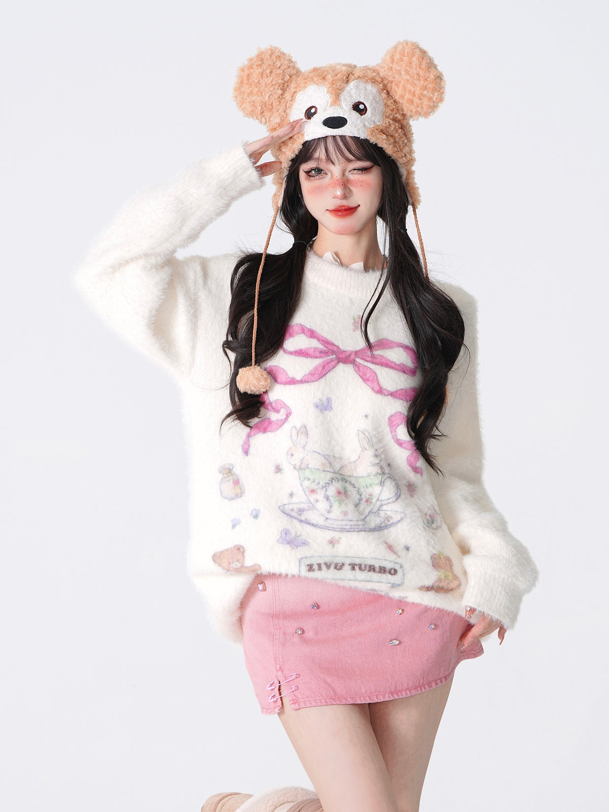 Young Eyes Soft Pink White Rabbit Bunny Teddy Bear Teacup Bow Print Sweater