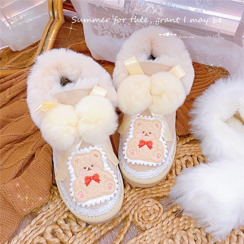 Pinky Lace Coquette Bear Plush Winter Snow Cream Short Boots Shoes