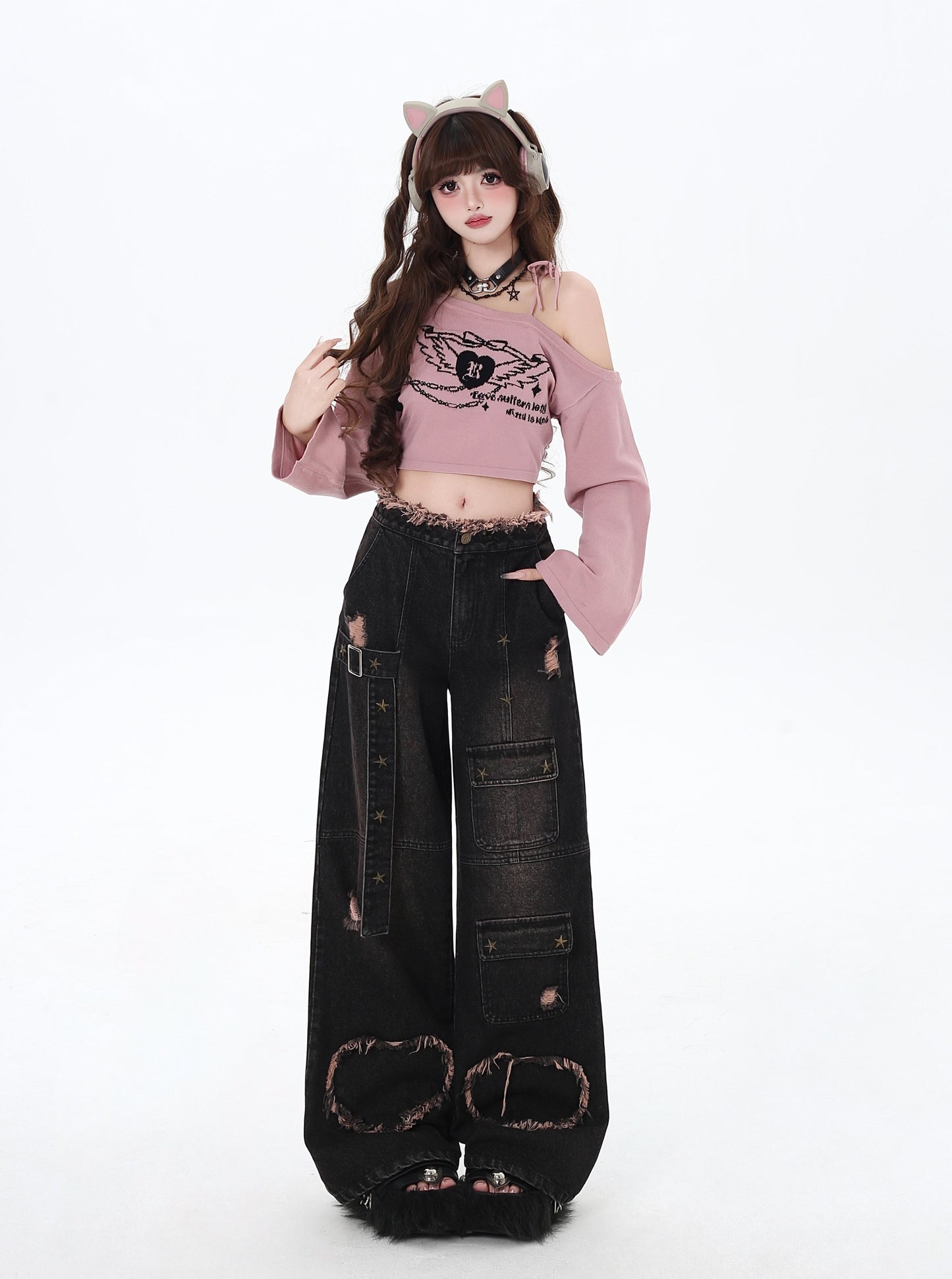 Crazy Girl Distressed Punk Black Heart Denim Baggy Pants