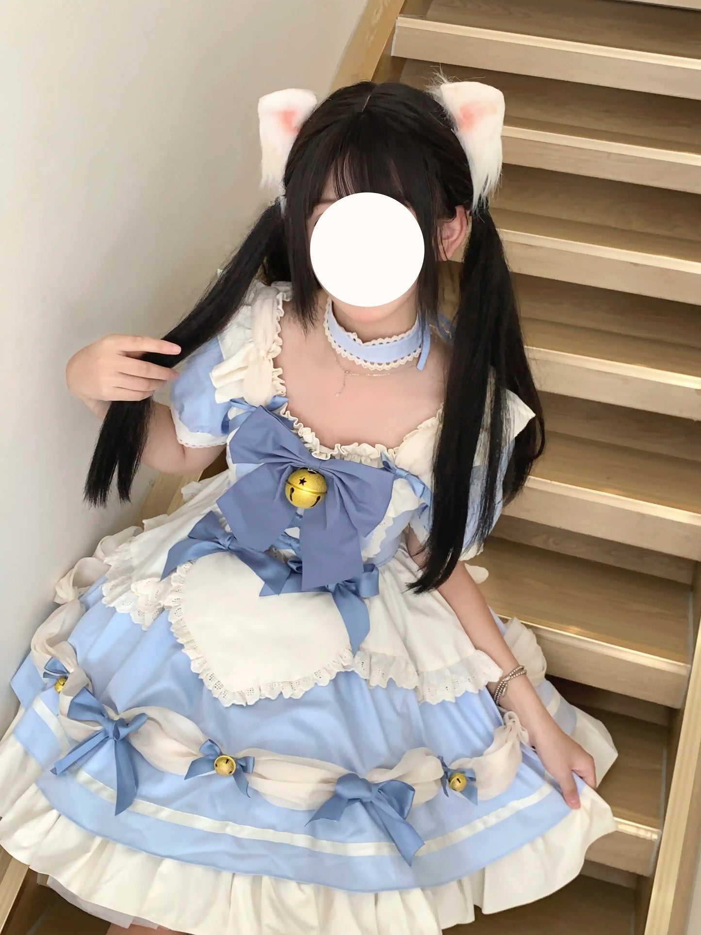 Flying Diary Cat Girl Pink & Blue Maid Lolita Dress