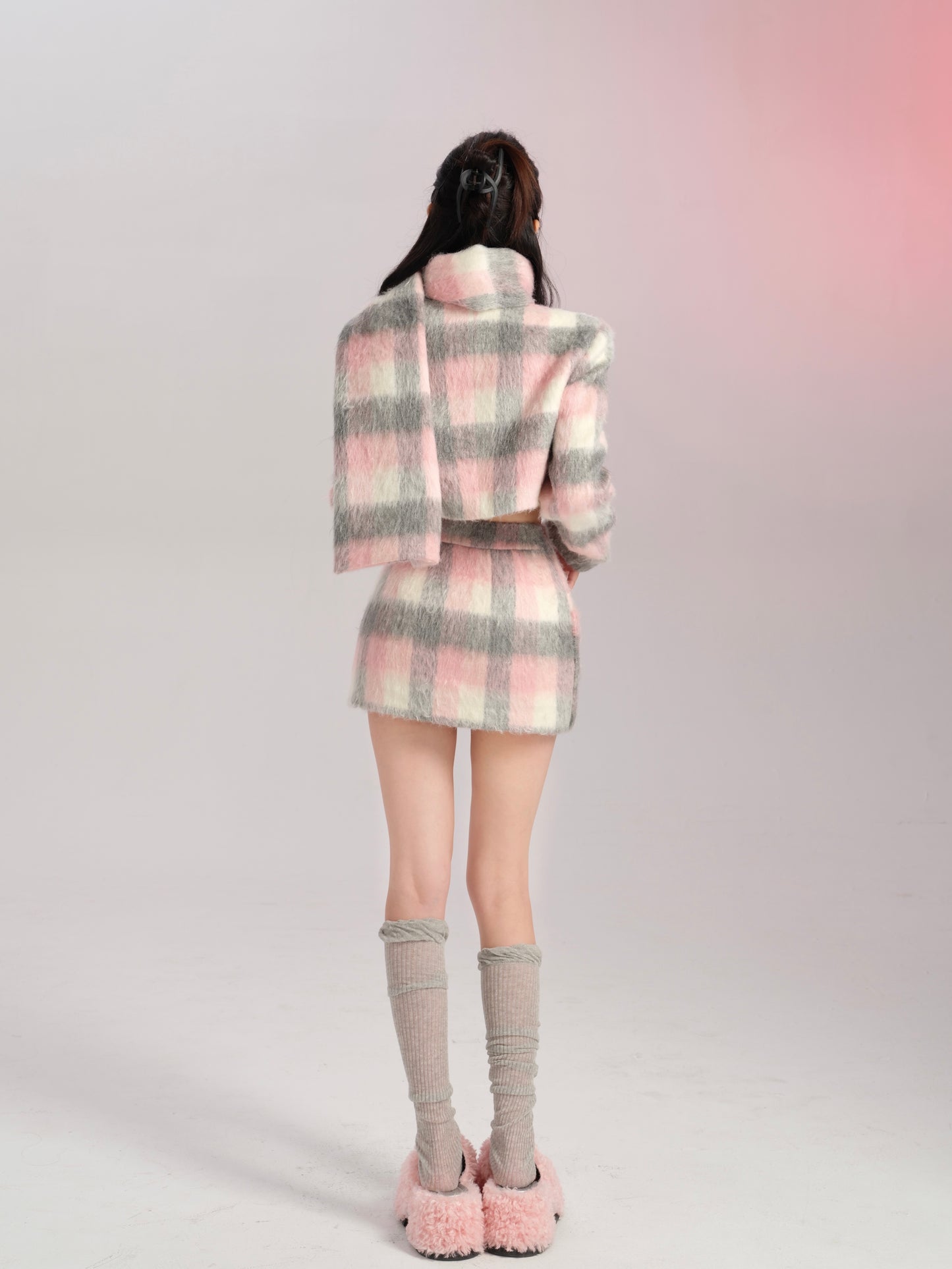 Lucia Winter Gray Pink Plaid Woolen Jacket Top & Scarf & Mini Skirt Three Piece Set