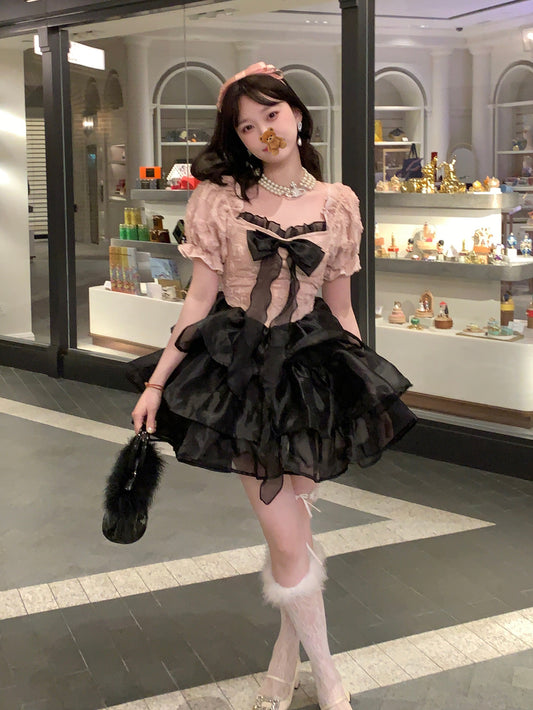 Picnic Girl Blackberry Bow Pink Black Puff Sleeve Ruffled Dress