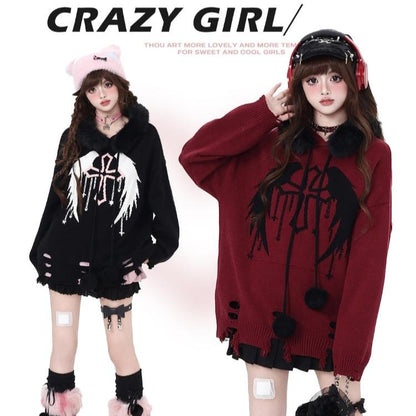 Crazy Girl Twilight Letter Angel Cross Black Red Sweater Hoodie