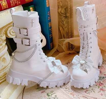 Pinky EGL Princess Bow Cross Silver Chain Winter White Black Boots Shoes