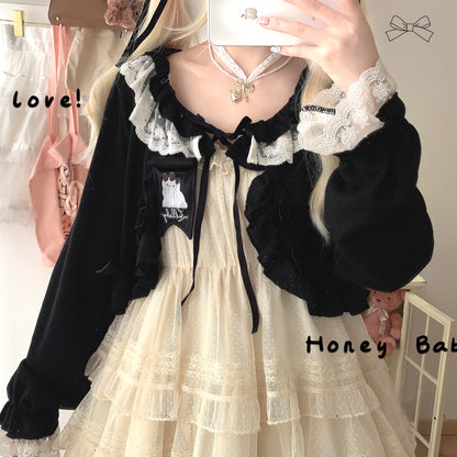 Dormir Doll Lolita Chocolate Brown Charcoal Black Ruffled Lace Cardigan