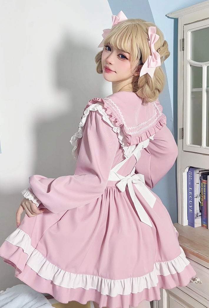 Serendipity Lolita Cosplay Blue & Pink Lace Ruffled Apron Maid Dress