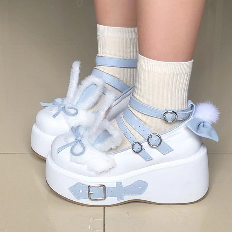 Falling Flower Dream EGL Cute Fur Plush Rabbit Ears Buckle Black White Pink Blue Purple Platform Shoes