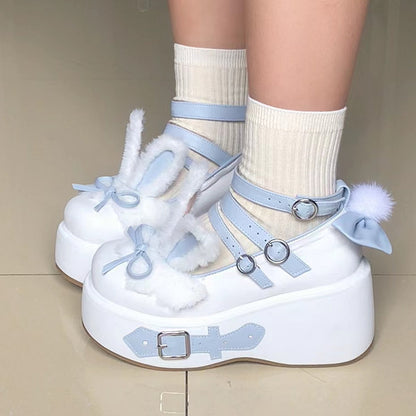 Falling Flower Dream EGL Cute Fur Plush Rabbit Ears Buckle Black White Pink Blue Purple Platform Shoes