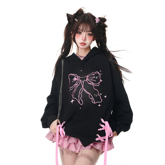 Young Eyes Sweet Bow Ribbon Black Pink Pullover Hoodie