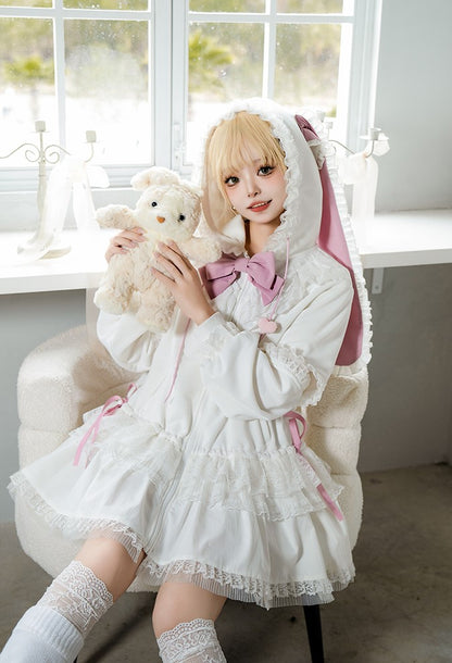 Universal Lolita Daydream Sweet Pink White Rabbit Ear Lolita Hooded Coat Dress