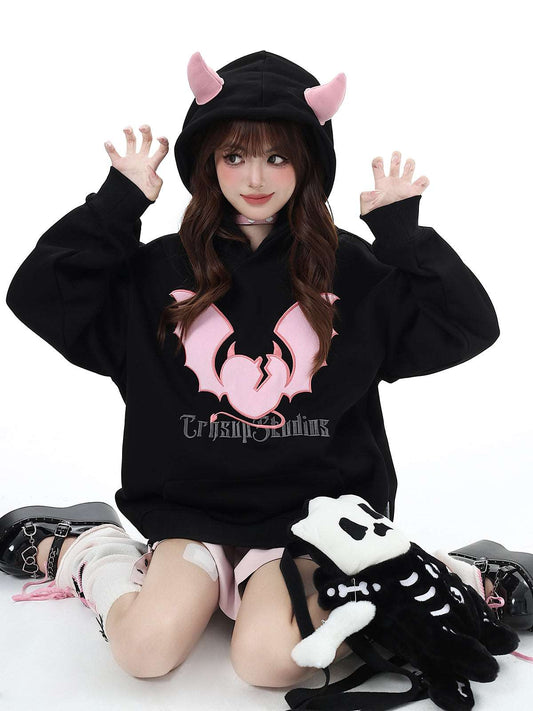 Crazy Girl Little Devil Pink Horns Autumn Winter Black Sweatshirt Hoodie