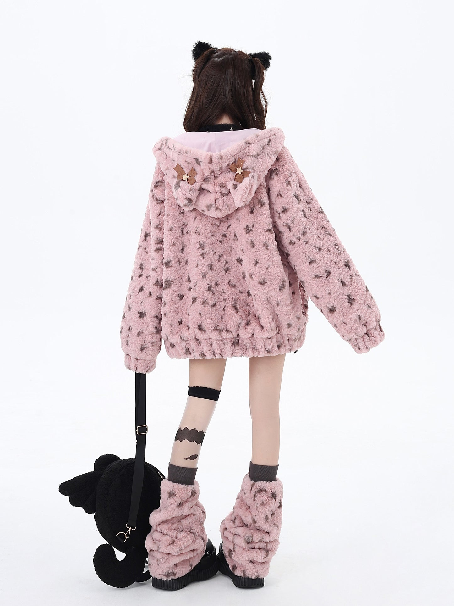 Crazy Girl Leopard Cream Cat Ears Jacket Hoodie & Leg Warmers Set