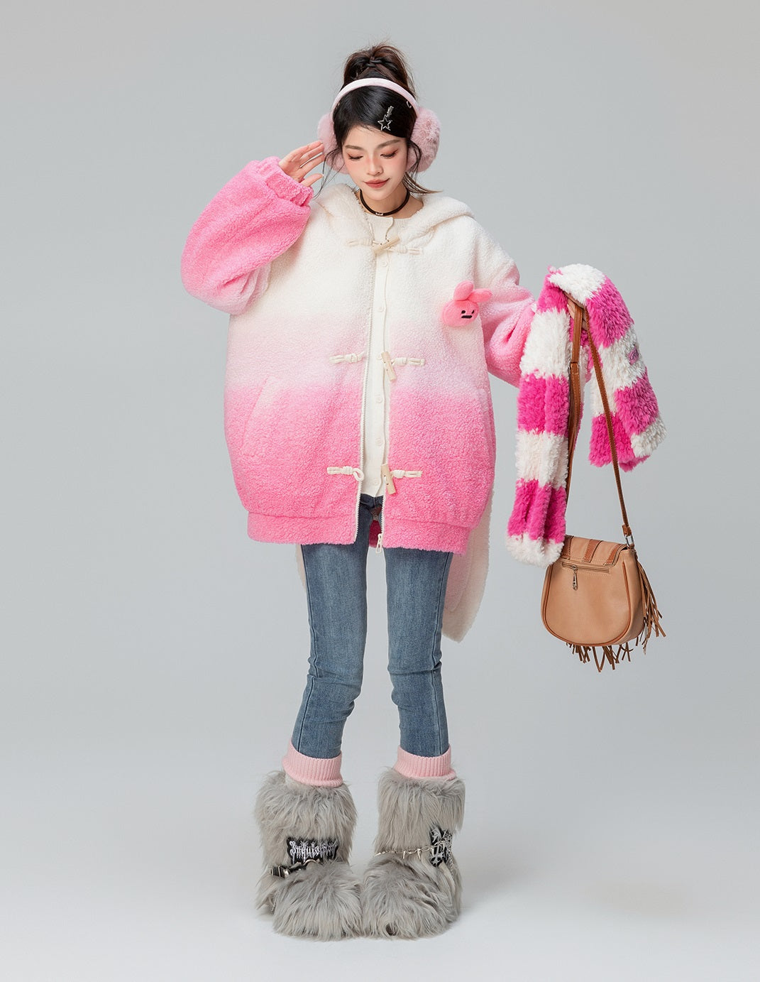 Lamb Gradient Pink White Hooded Jacket Winter Coat