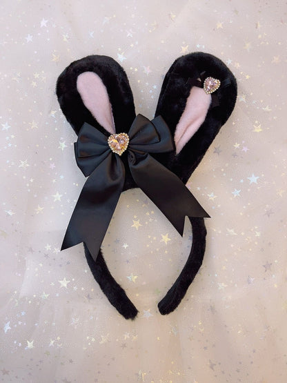 Sweetheart Princess Plush Rabbit Ears Diamond Heart Winter Hairband Headband