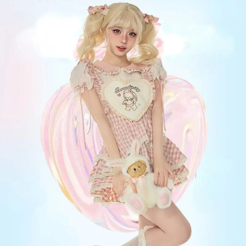 Serendipity Souffle Summer Gingham Pink Shirt BlouseTop & Suspender Dress Maid Two Piece Set