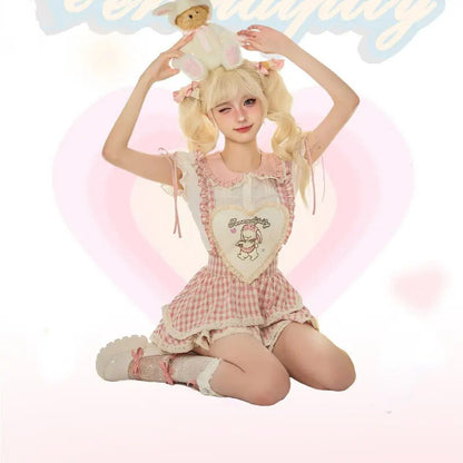 Serendipity Souffle Summer Gingham Pink Shirt BlouseTop & Suspender Dress Maid Two Piece Set