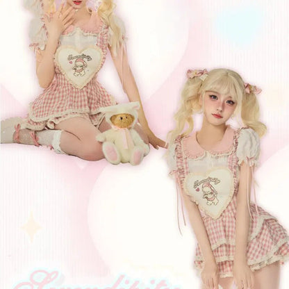 Serendipity Souffle Summer Gingham Pink Shirt BlouseTop & Suspender Dress Maid Two Piece Set