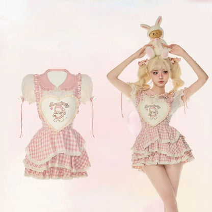 Serendipity Souffle Summer Gingham Pink Shirt BlouseTop & Suspender Dress Maid Two Piece Set