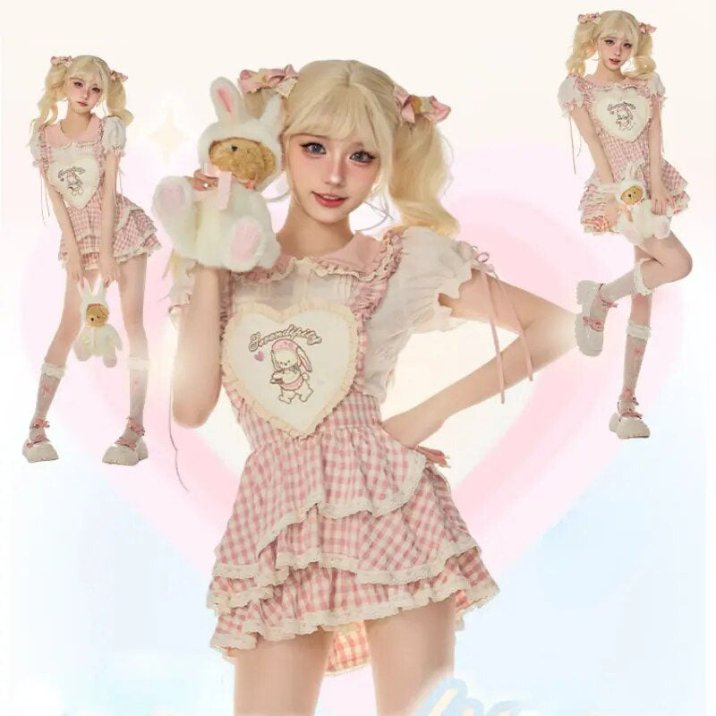 Serendipity Souffle Summer Gingham Pink Shirt BlouseTop & Suspender Dress Maid Two Piece Set