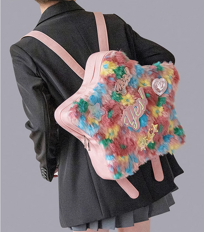 Y2K Star Rainbow Plush Fur Shoulder Backpack Bag