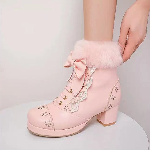 Sweet Princess Bow Decorated Fur White Cream Pink Black Winter High Heels Boots