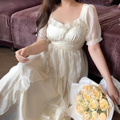 Plus Size Vintage Glow Chiffon White Beige Princess Fairy Puff Sleeve Dress