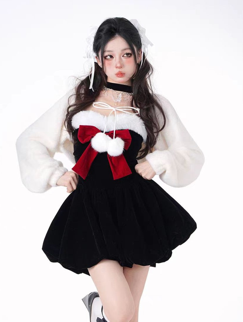 Young Eyes Winter Red Bow Fur Halter Neck Strapless Little Black Dress