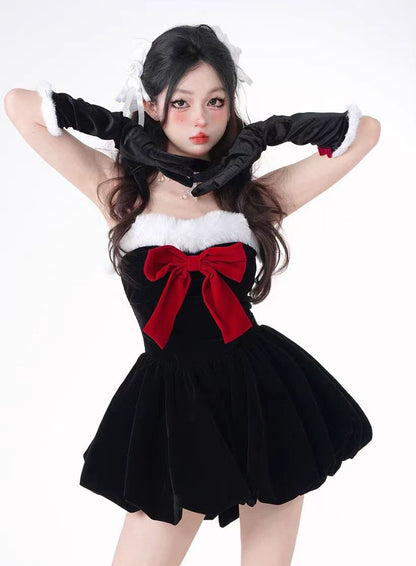 Young Eyes Winter Red Bow Fur Halter Neck Strapless Little Black Dress