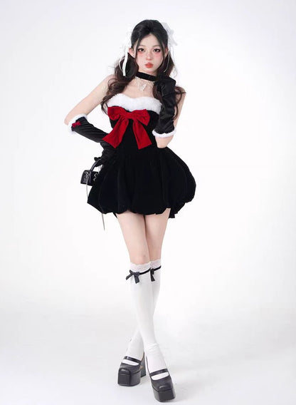 Young Eyes Winter Red Bow Fur Halter Neck Strapless Little Black Dress