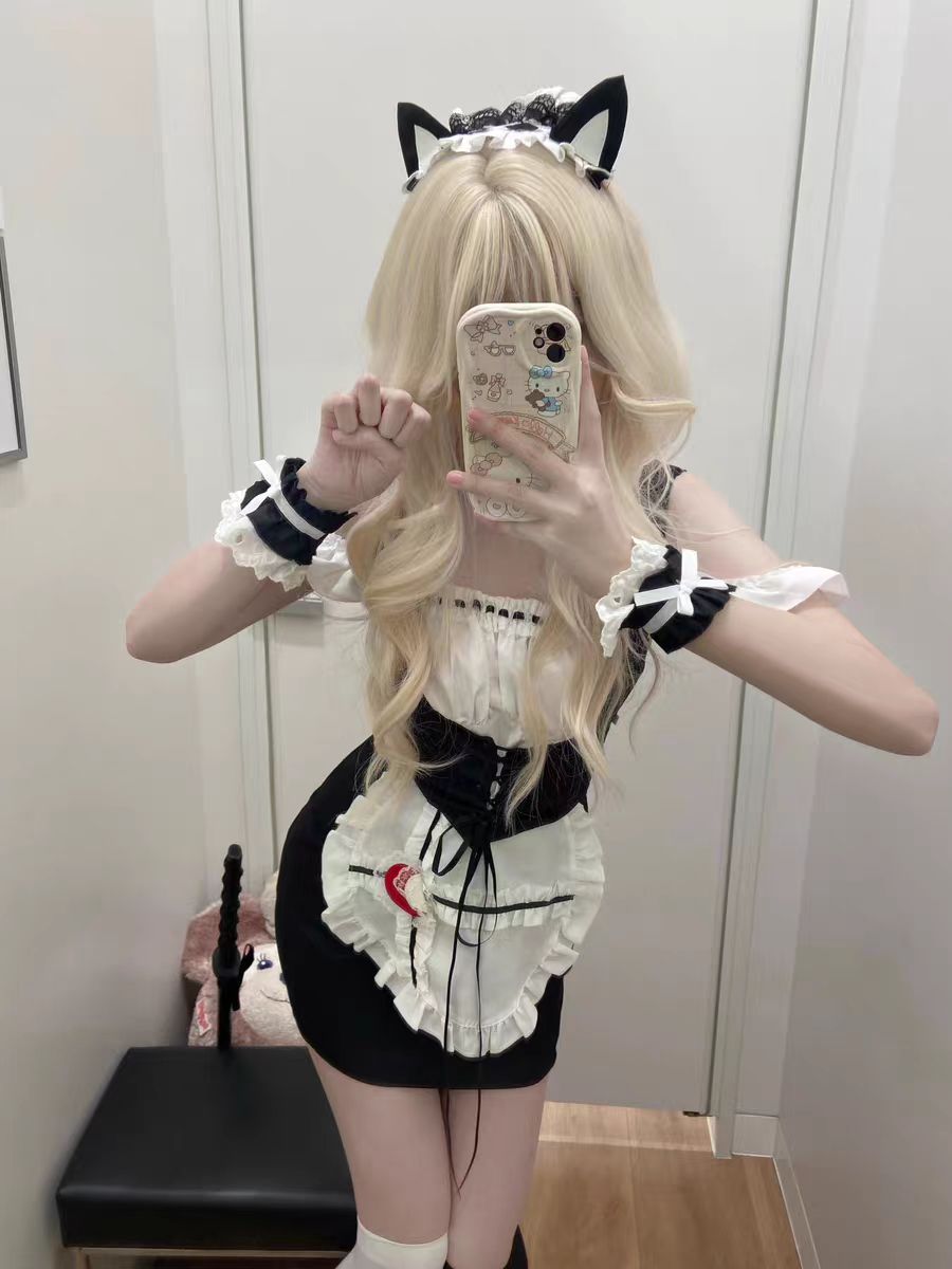 Serendipity Sexy Bleeding Heart Corset Black White Cosplay Maid Dress