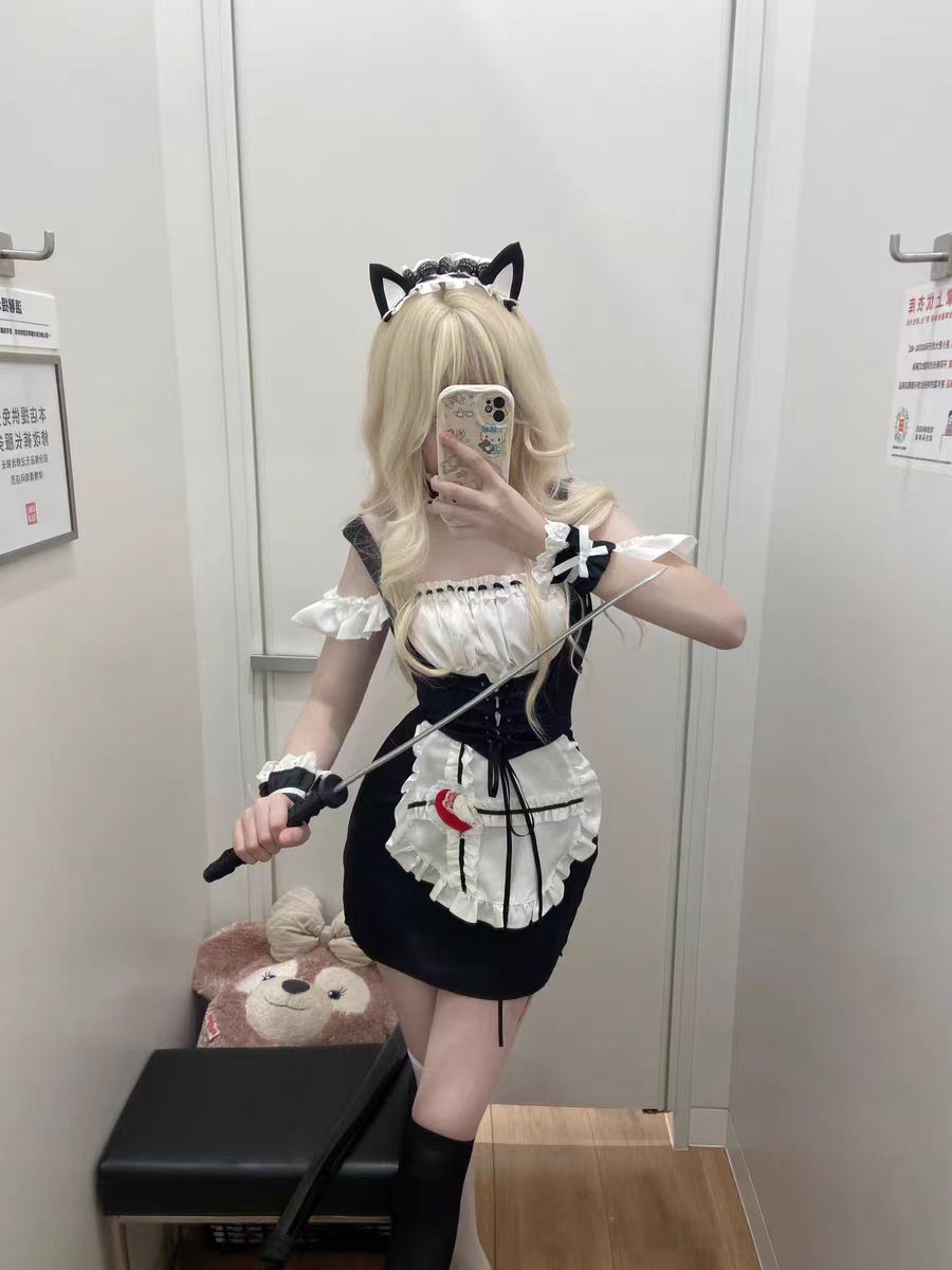 Serendipity Sexy Bleeding Heart Corset Black White Cosplay Maid Dress