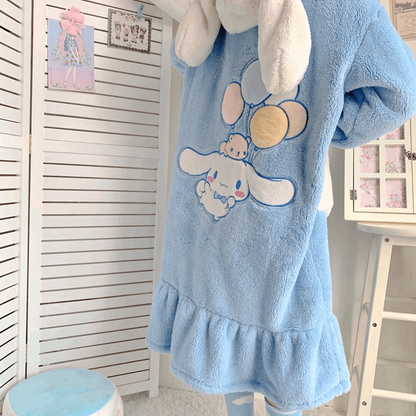 Cartoon Cinnamon Dog Hooded Nightgown Full Overall Blue Cloud Bathrobe Pajamas