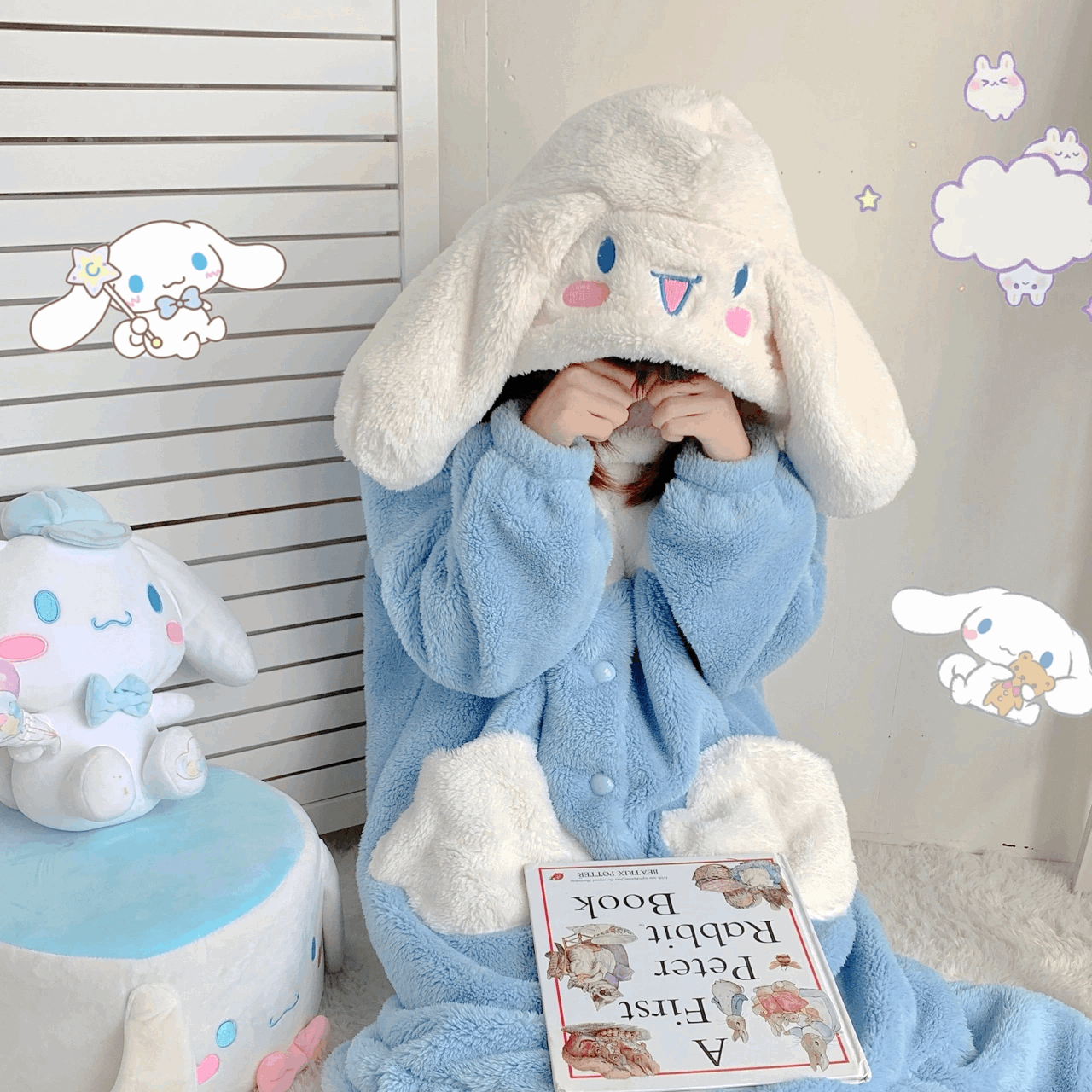 Cartoon Cinnamon Dog Hooded Nightgown Full Overall Blue Cloud Bathrobe Pajamas