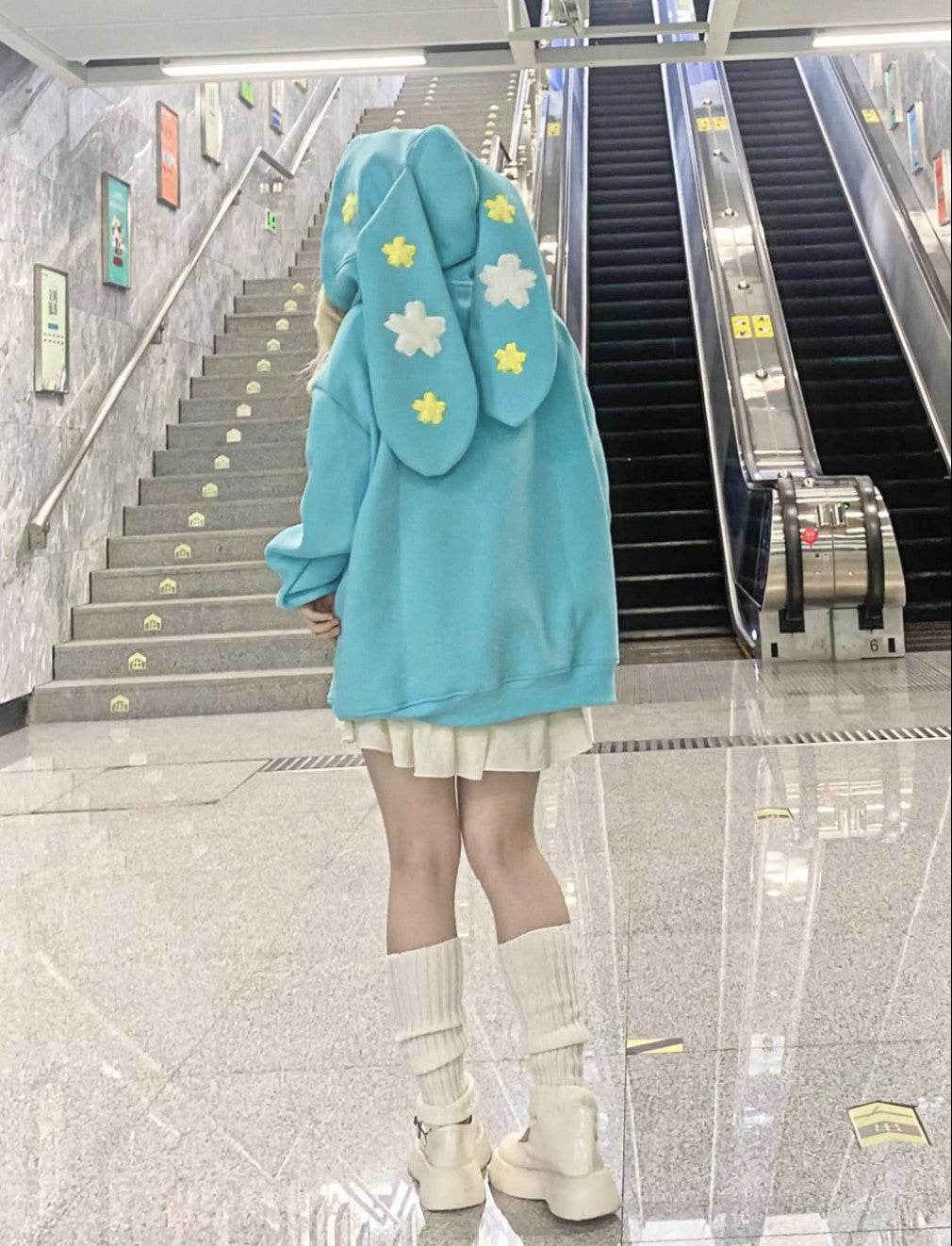 Serendipity Y2K Rabbit Ears Flower Embroidery Hooded Pink Blue Sweatshirt Jacket