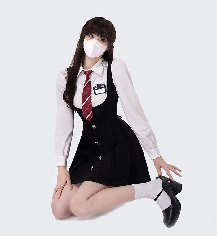 Monet Campus Heroine Dark Academia Fall Navy Blue Fake Two Piece Suspender Dress