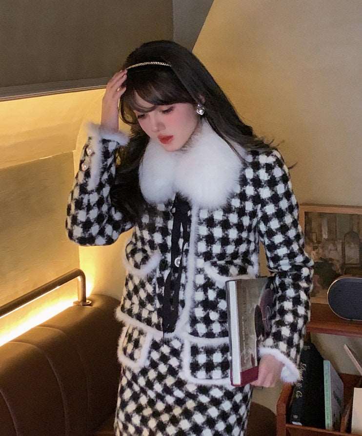 Acacia Classic Houndstooth Fur Collar White Black Jacket Skirt Two Piece Set