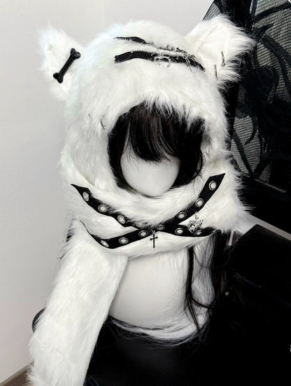 Bony Punk Y2K Black White Fuzzy Cat Ears Hats