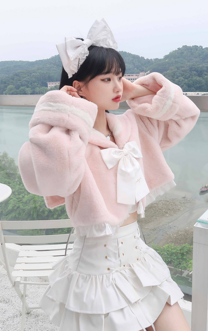 Sweet Sakura Lolita Pink & Black Navy Collar Plush Jacket Coat