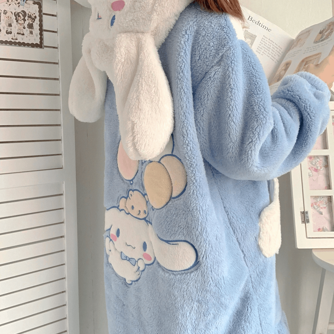 Cartoon Cinnamon Dog Hooded Nightgown Full Overall Blue Cloud Bathrobe Pajamas