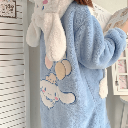 Cartoon Cinnamon Dog Hooded Nightgown Full Overall Blue Cloud Bathrobe Pajamas