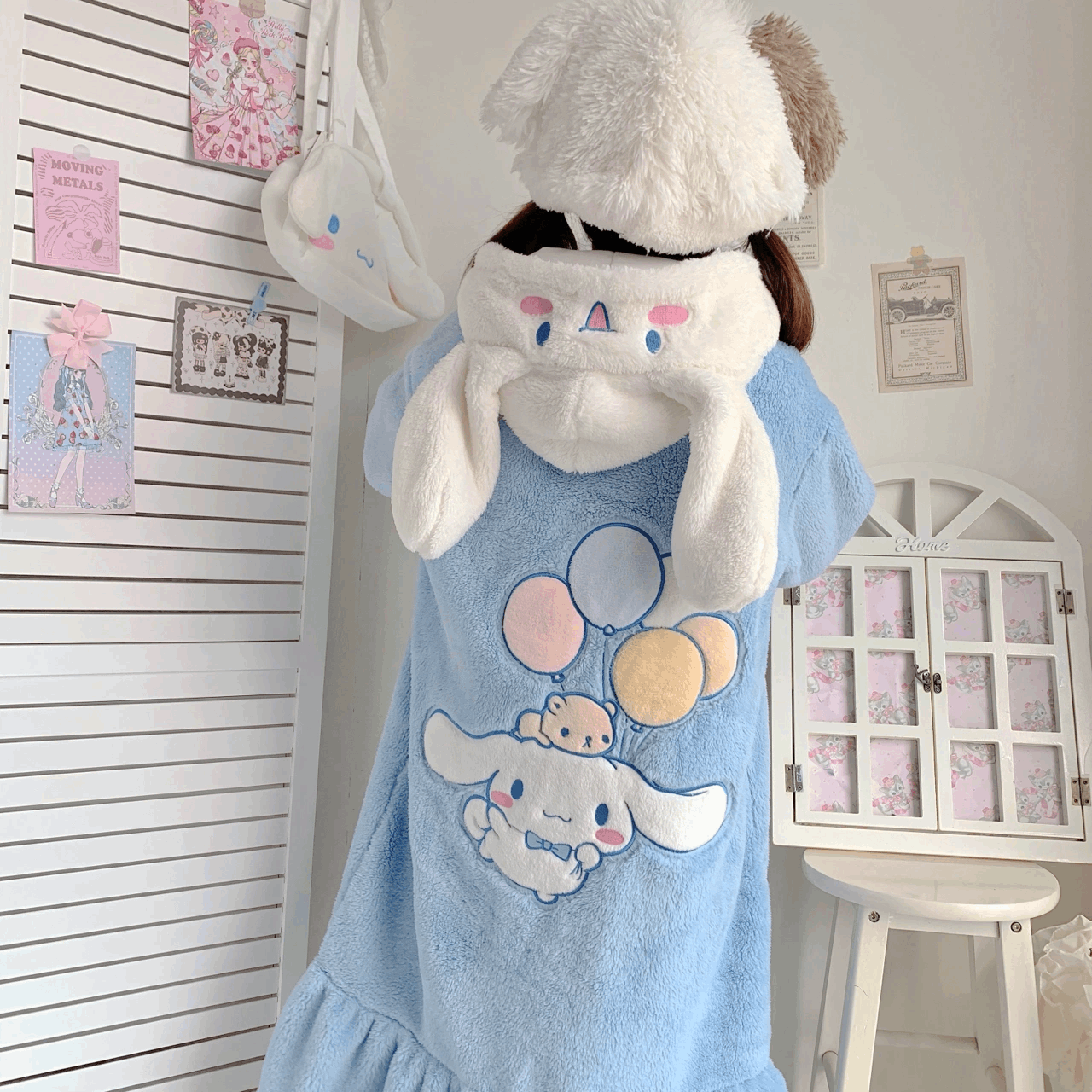 Cartoon Cinnamon Dog Hooded Nightgown Full Overall Blue Cloud Bathrobe Pajamas